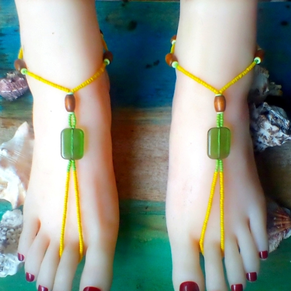 Yellow Green and Wood Barefoot Sandals